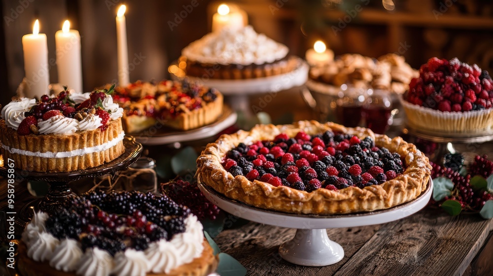 A close-up of a Thanksgiving dessert table with a variety of pies, cakes, and fresh berries on a dark wooden background, candles softly glowing A close-up of a Thanksgiving dessert table with a variety of pies, cakes, and fresh berries on a dark wooden background, candles softly glowing