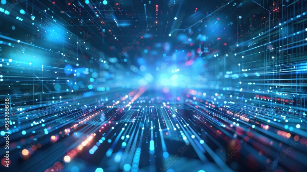 Abstract image of blue and orange light trails in a digital space, representing data transmission, technology, and connectivity. Abstract image of blue and orange light trails in a digital space, representing data transmission, technology, and connectivity.