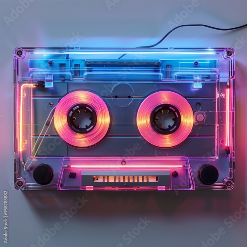 Neon cassette. Nostalgia of the 90s. Audio cassette for listening to music. photo