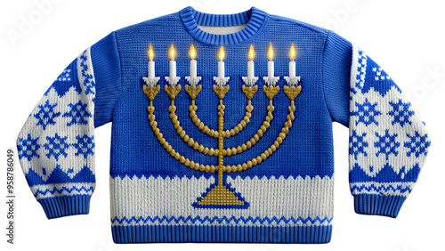 Cozy blue sweater with menorah design for Hanukkah transparent photo