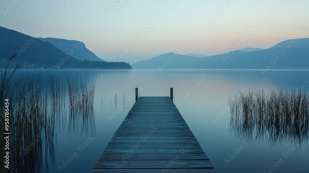 Naklejka premium A serene lakeside landscape at dusk with a wooden dock extending into the still water the sky is a blend of soft pastel colors as the sun sets behind distant mountains creating a peaceful and