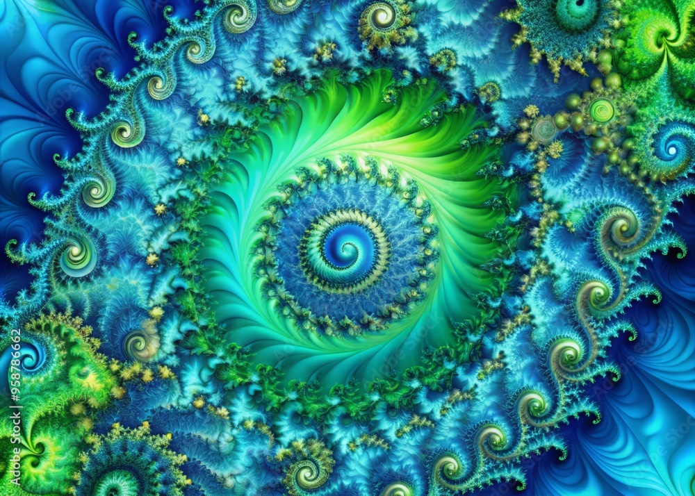 Vibrant, swirling fractal patterns in shades of blue and green, blending mathematical precision with mesmerizing Vibrant, swirling fractal patterns in shades of blue and green, blending mathematical precision with mesmerizing
