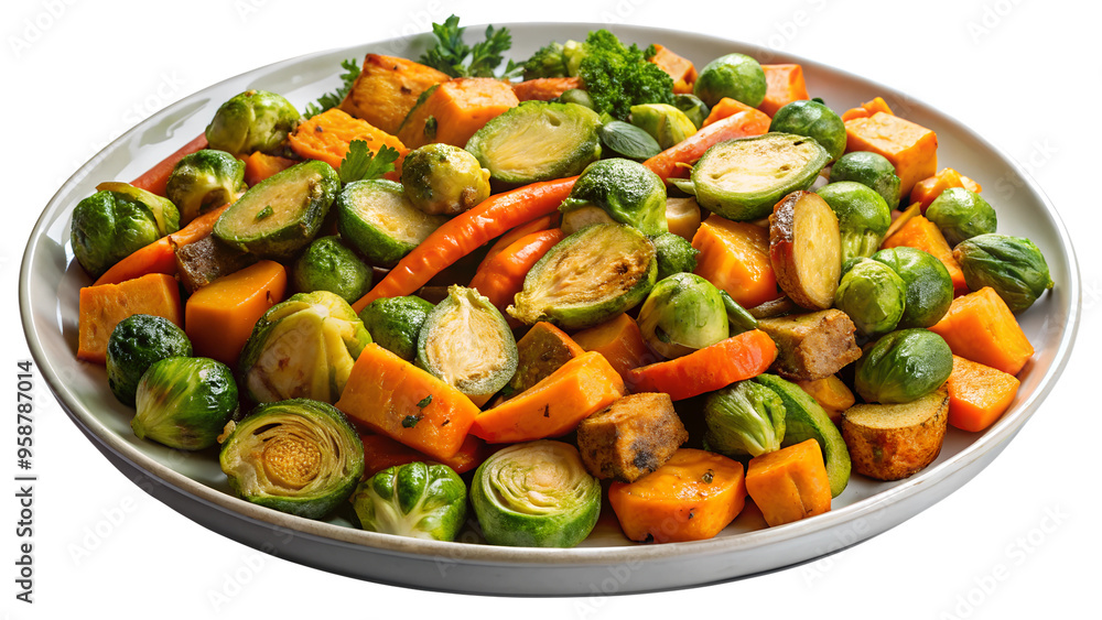 Colorful roasted vegetables on a white platter transparent Colorful roasted vegetables on a white platter transparent