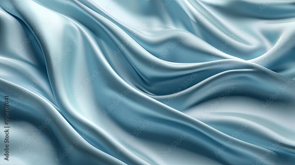 Fototapeta premium Digital rendering of luxurious light blue silk with a subtle, flowing wave pattern in matching tones. The design offers a calming, sophisticated look, ideal for high-end interiors.