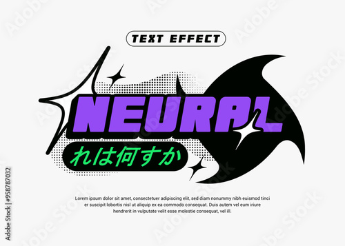 y2k neural editable text effect with halftone and japanese style for t-shirt, logo, poster, title template