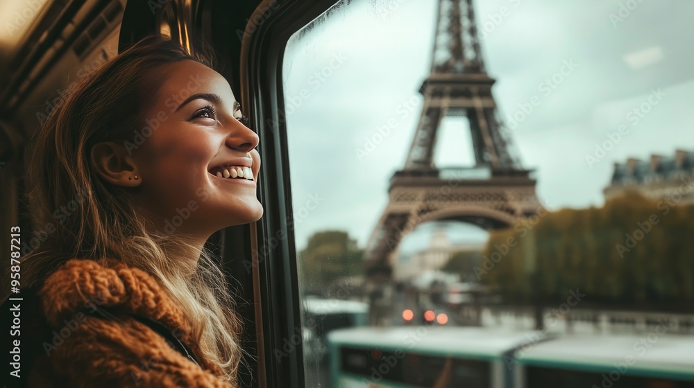 Traveler gazing at the Eiffel Tower from a Paris metro window, happy French visitor Traveler gazing at the Eiffel Tower from a Paris metro window, happy French visitor