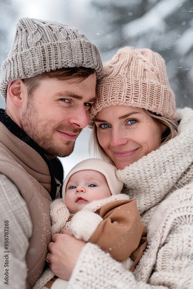 Family embracing baby in winter snow Family embracing baby in winter snow