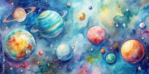 Vibrant watercolor illustration of planets, moons, and stars, blending softly into a dreamy, ethereal galaxy, with photo