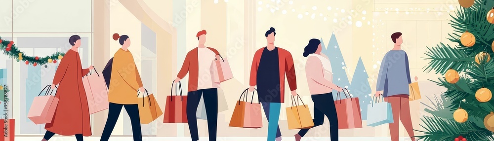 A crowded mall with shoppers carrying bags full of purchases, holiday decorations in the background, capturing the frenzy of Black Friday A crowded mall with shoppers carrying bags full of purchases, holiday decorations in the background, capturing the frenzy of Black Friday