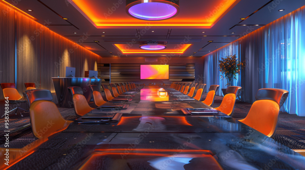 Fototapeta premium Vibrant Conference Room with Modern Lighting