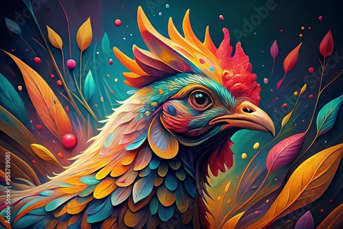 Vibrant, whimsical illustration of a stylized chicken's head, fragmented into swirling shapes and colors, blending