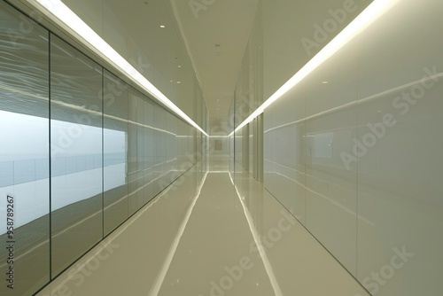 Modern White Corridor with Glass Walls and Ocean View