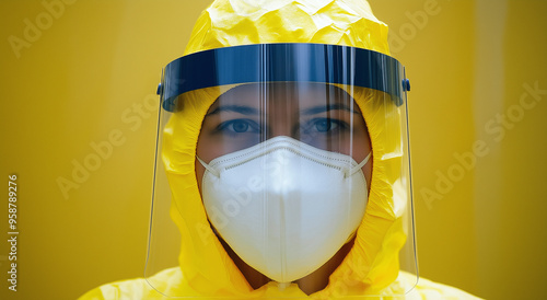 Uma visão em close de um profissional médico com equipamento de proteção amarelo, incluindo protetor facial e máscara, enfatizando segurança, controle de infecção e protocolos de saúde.