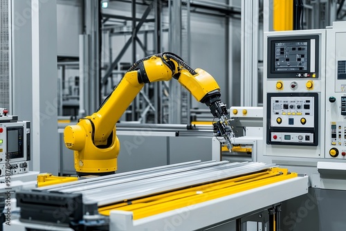 A yellow robotic arm is seen working on an assembly line in a modern factory.