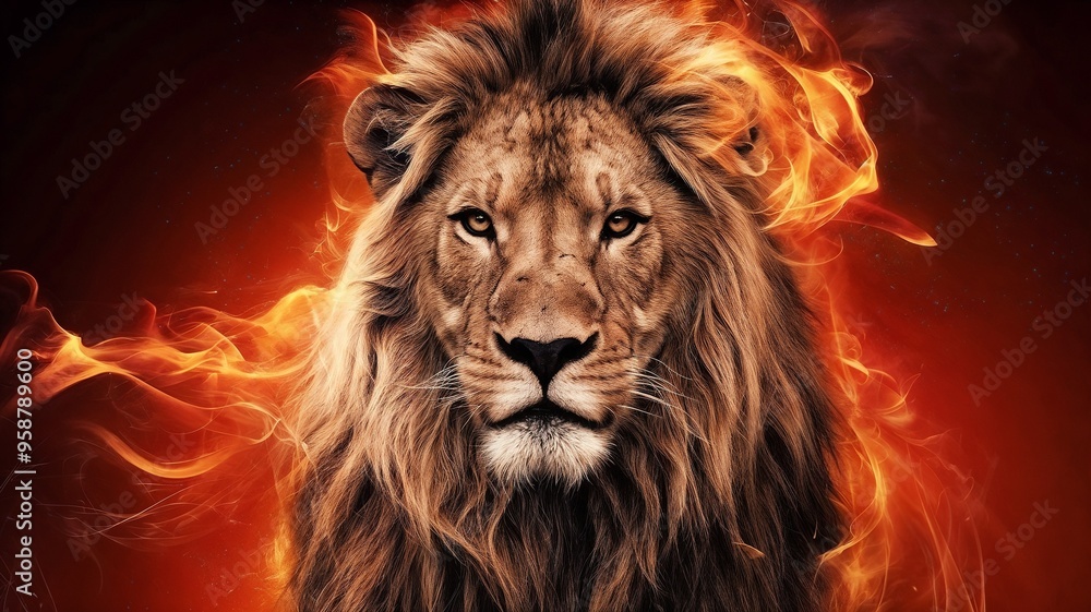 Fototapeta premium A lion with glowing fire flames and smoke on burning background. Brave, Proud concepts.