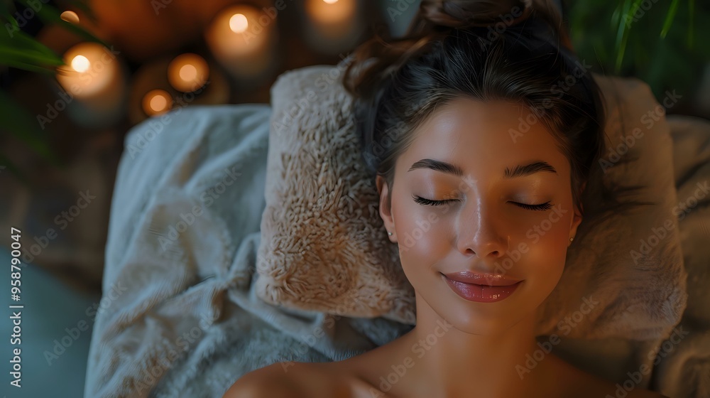 A serene woman relaxing with her eyes closed in a spa-like setting, surrounded by soft candlelight. Perfect for themes of wellness, self-care, relaxation, and beauty treatments.
A serene woman relaxing with her eyes closed in a spa-like setting, surrounded by soft candlelight. Perfect for themes of wellness, self-care, relaxation, and beauty treatments.