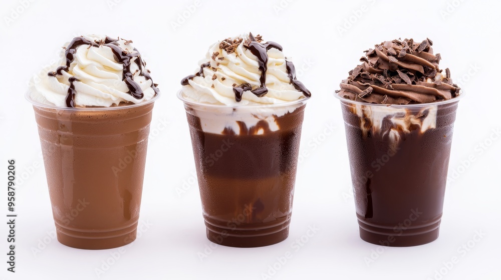 Delicious chocolate frappes in clear cups, swirls of chocolate syrup and whipped cream on top, refreshing and indulgent coffee drinks Delicious chocolate frappes in clear cups, swirls of chocolate syrup and whipped cream on top, refreshing and indulgent coffee drinks