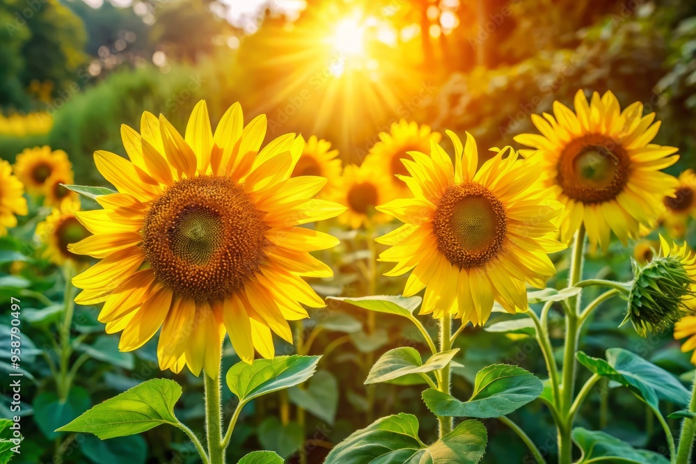 Vibrant yellow sunflowers with bright green leaves and stalks basking in warm sunlight, surrounded by lush greenery, Vibrant yellow sunflowers with bright green leaves and stalks basking in warm sunlight, surrounded by lush greenery,