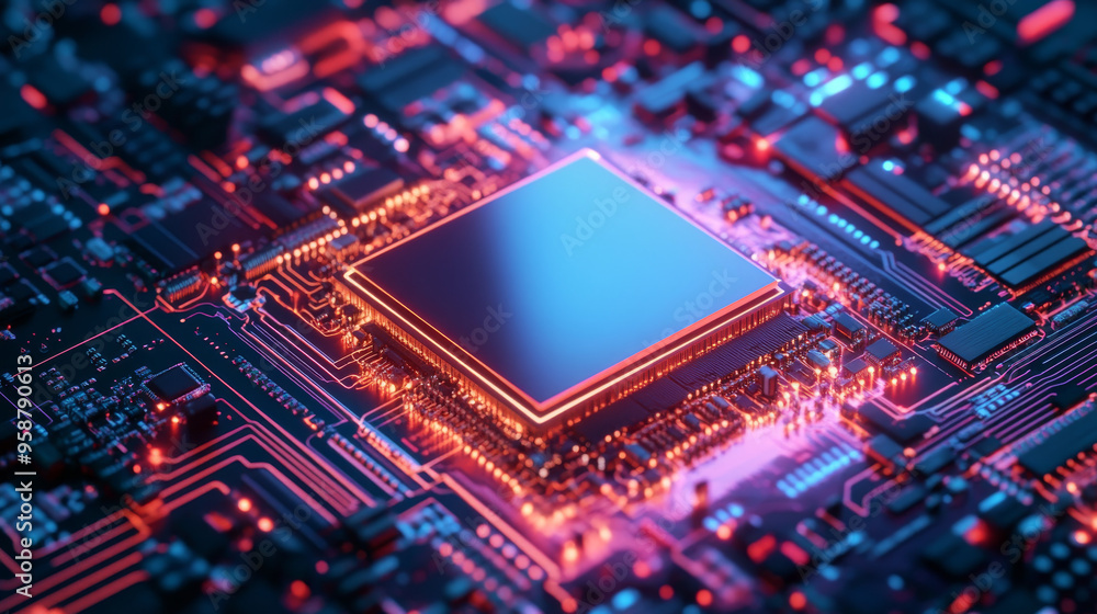 A computer processor with built-in artificial intelligence. The AI is directly on the chip, connected to the motherboard. This shows how AI technology is being integrated into electronic hardware. A computer processor with built-in artificial intelligence. The AI is directly on the chip, connected to the motherboard. This shows how AI technology is being integrated into electronic hardware.