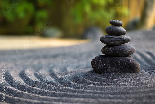 Zen garden wallpaper. Tranquil japanese Zen garden with stones in textured sand. Pebble stone balanced tower minimalist background with copy space. Meditation, mindfulness, harmony and balance concept