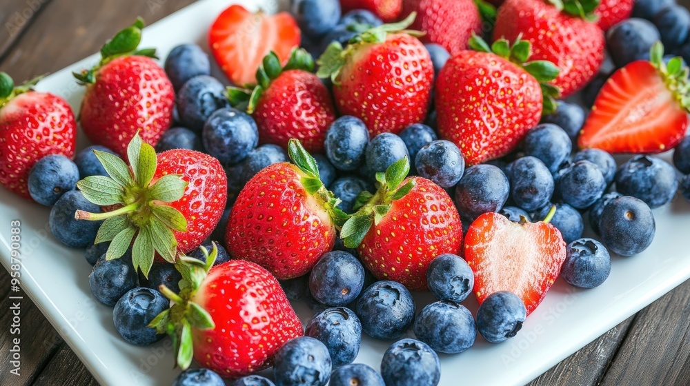 Obraz premium Fresh Strawberries and Blueberries on a White Plate