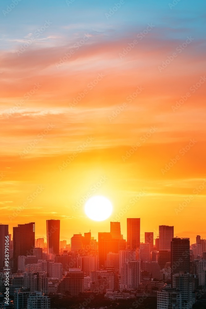 Fototapeta premium Bright sunrise over a cityscape, representing the dawn of a new era