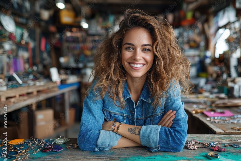 Fototapeta premium A smiling, curly-haired woman in a denim jacket proudly displays her handcrafted jewelry in her workshop, reflecting her passion for creating unique artisanal pieces.