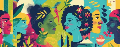 Colorful illustration of diverse people with foliage and nature elements, emphasizing cultural diversity and unity.