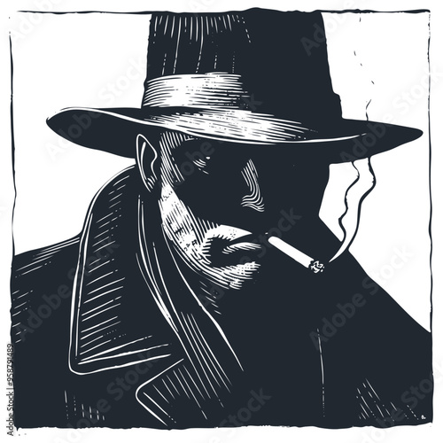 Noir detective or mafioso, retro style. Vector Illustration