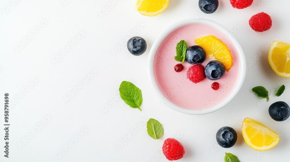 A bowl of pink yogurt with fresh blueberries, raspberries, orange slices, and mint leaves on a white background. A bowl of pink yogurt with fresh blueberries, raspberries, orange slices, and mint leaves on a white background.