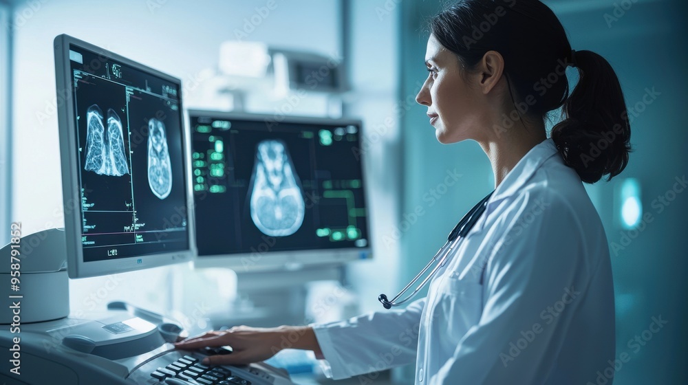 A medical professional using an advanced mammography machine in a bright clinical environment with digital imaging screens in the background showcasing cutting-edge technology in breast cancer A medical professional using an advanced mammography machine in a bright clinical environment with digital imaging screens in the background showcasing cutting-edge technology in breast cancer