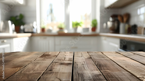 Wooden table on blurred kitchen bench background. Empty wooden table and blurred kitchen background