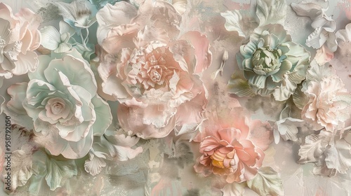 Delicate pastel flowers in a detailed 3D illustration, showcasing soft colors and intricate petal structures.