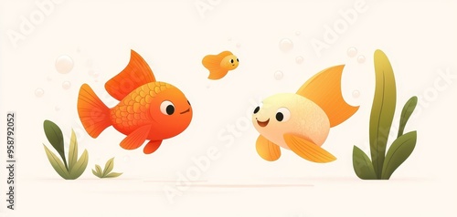2D artwork, colorful fish swimming in a pond, flat design illustration