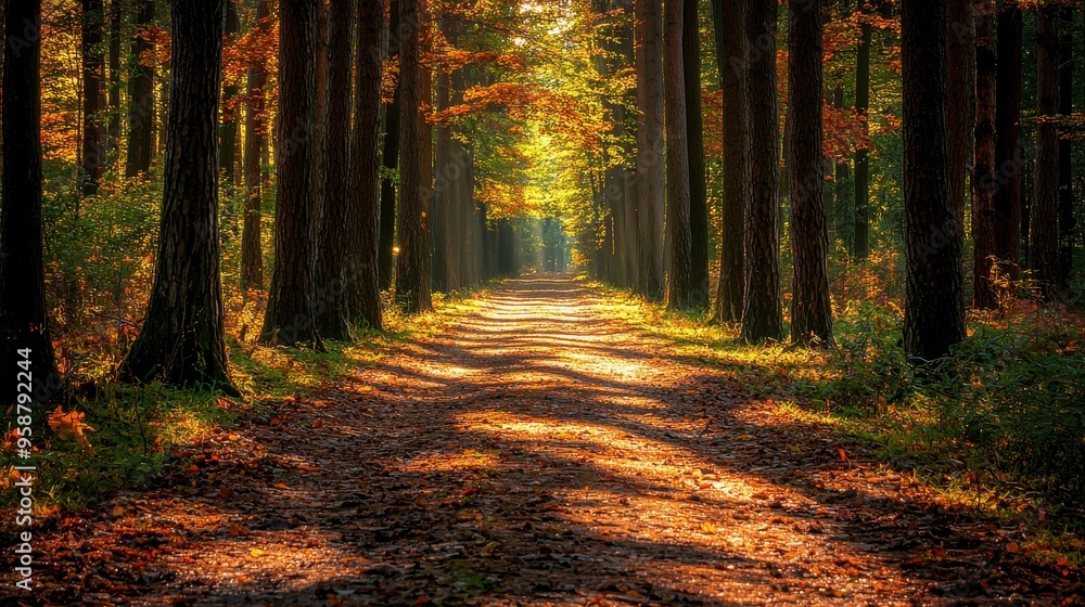 Fototapeta premium A serene landscape photo of a tranquil forest with tall trees casting long shadows on the ground covered with fallen leaves and a narrow winding path leading into the distance inviting a peaceful