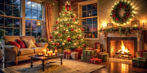 Warmly lit festive living room scene featuring decorated tree, wrapped gifts, and joyful atmosphere, capturing the