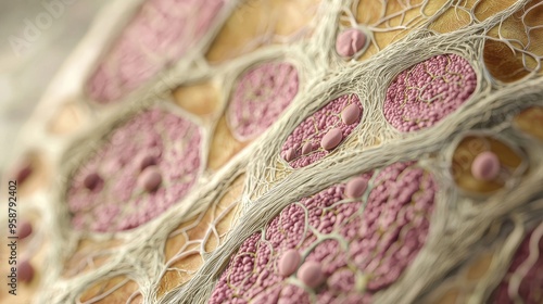 An intricate anatomical illustration of breast tissue layers including lobules ducts and lymph nodes rendered in realistic detail on a plain background for educational and medical reference photo