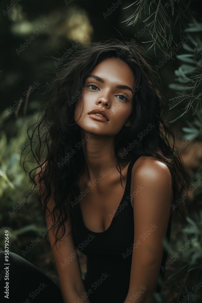 A woman with long, wavy hair sits in a natural setting, gazing confidently into the camera, exuding strength and beauty. A woman with long, wavy hair sits in a natural setting, gazing confidently into the camera, exuding strength and beauty.