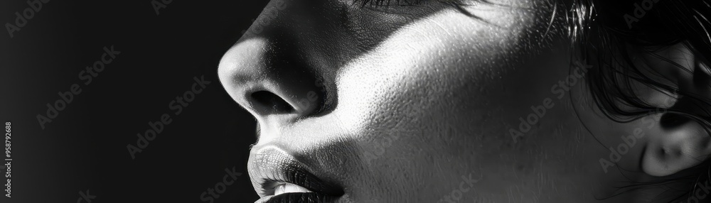 Dramatic close-up black and white portrait of a person in profile, highlighting emotional expression and lighting shadows. Dramatic close-up black and white portrait of a person in profile, highlighting emotional expression and lighting shadows.
