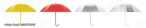 Four open umbrellas in a row against a black background, colored yellow, red, silver, and 
transparent.