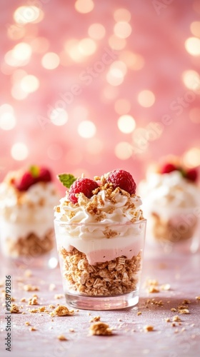 Wallpaper Mural Three glass desserts with layers of granola, pink cream, white cream and raspberries on top, on a pink surface with a blurred pink and white bokeh background. Torontodigital.ca