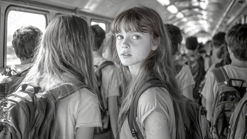 Children eagerly chatting while waiting in line to board their designated bus, epitomizing the sense of camaraderie and excitement surrounding back to school season