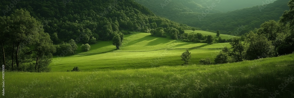 Obraz premium Vast sunlit green fields and thick woods under clear skies, creating a picturesque and refreshing natural landscape.