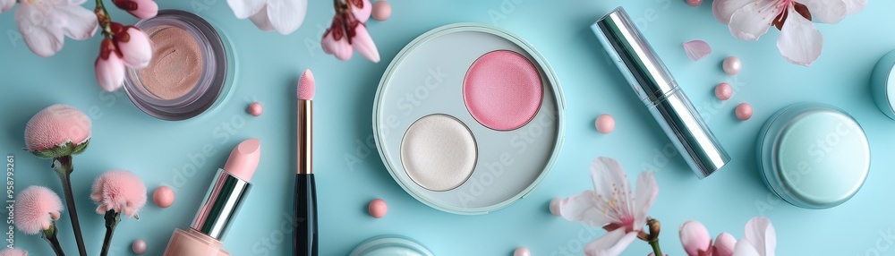 Elegant flat lay of makeup products with floral elements on a pastel blue background, showcasing beauty and cosmetics essentials. Elegant flat lay of makeup products with floral elements on a pastel blue background, showcasing beauty and cosmetics essentials.