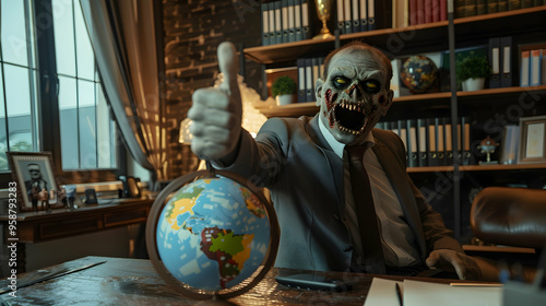 Zombie business leader giving a thumbs up in a luxury office with a globe and awards on the shelf portraying global success photo