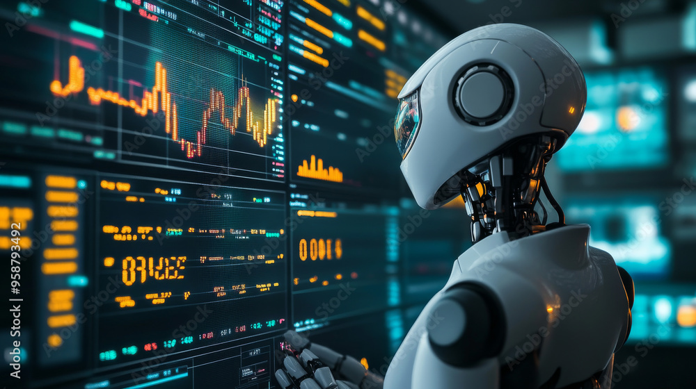 An AI robot analyzes stock market charts to trade. A woman-like robot helps with forex trading. AI software automates trading. A trading bot creates strategies for the stock market. An AI robot analyzes stock market charts to trade. A woman-like robot helps with forex trading. AI software automates trading. A trading bot creates strategies for the stock market.