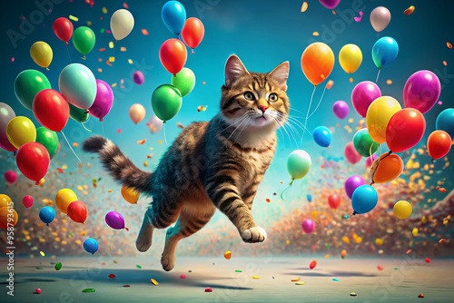 Whimsical illustration of a determined cat running a marathon, its fluffy tail streaming behind, surrounded by colorful photo