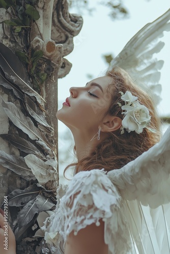 Close shot of an angelic costume, highlighting white feathers and floral headpiece, conveying purity and fantasy elements. photo