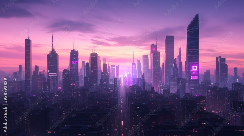 Obraz premium Vibrant city skyline at dusk showcasing illuminated skyscrapers and a colorful sunset view over a bustling urban landscape