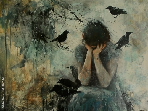 A woman sits with her head in her hands, surrounded by black birds, in an abstract painting. photo